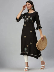 Women's Black Floral A-Line Kurta-DW9283-Black
