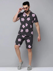 Men Grey Printed Casual Co-Ord Set-BLUEVIBES-0618-Grey