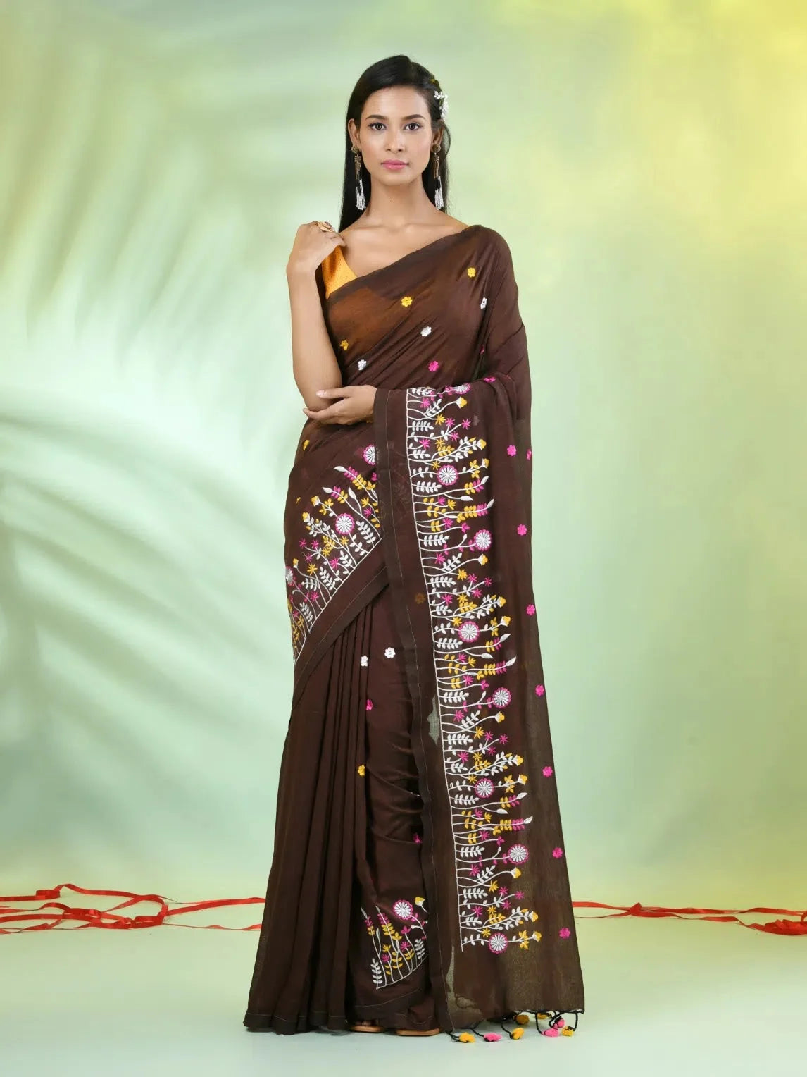 Brown Floral Embroidered Cotton Saree | Indian Sari