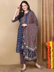 Women Navy Blue Cotton Printed Straight Kurta Pant Set-VKSKD2105