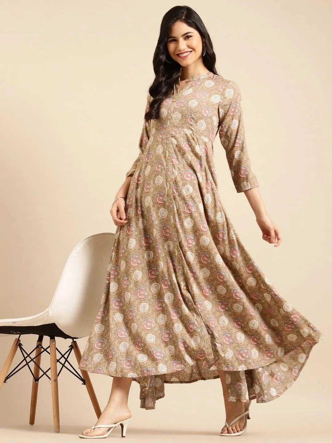 Beige Printed Anarkali Kurta | Cotton Anarkali Kurti for Women