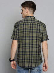 Men Green Checked Casual Shirt-MAYACHECKS-4406-Olive