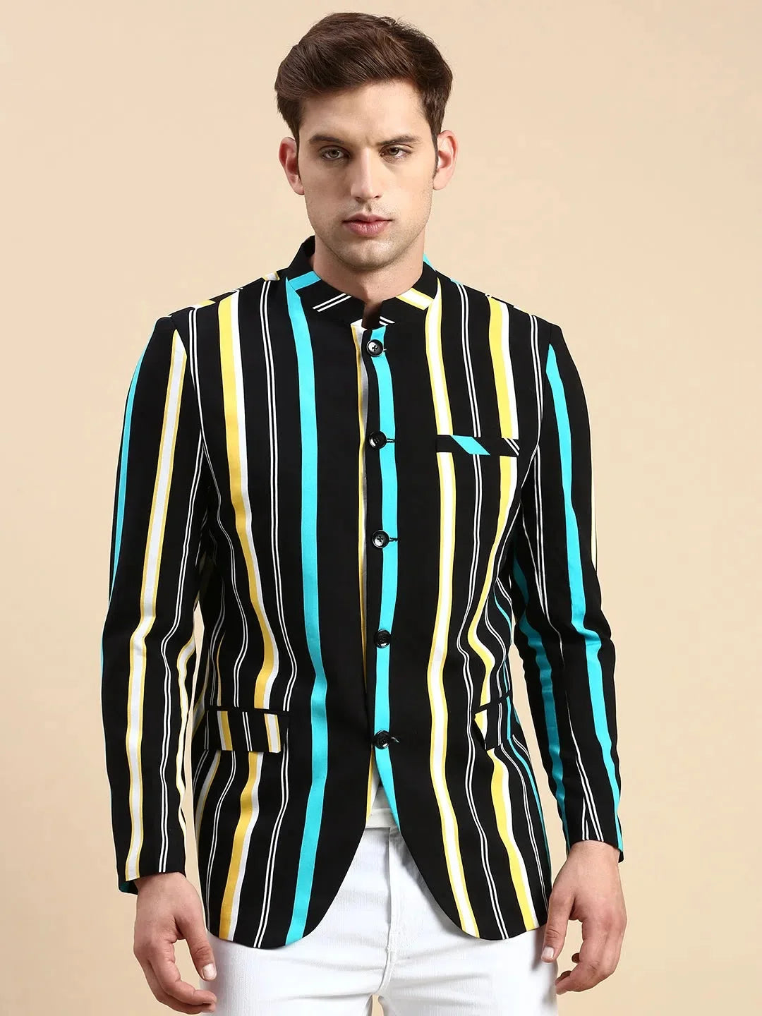 Men's Black Striped Party Blazer | Ethnic Nehru Jacket