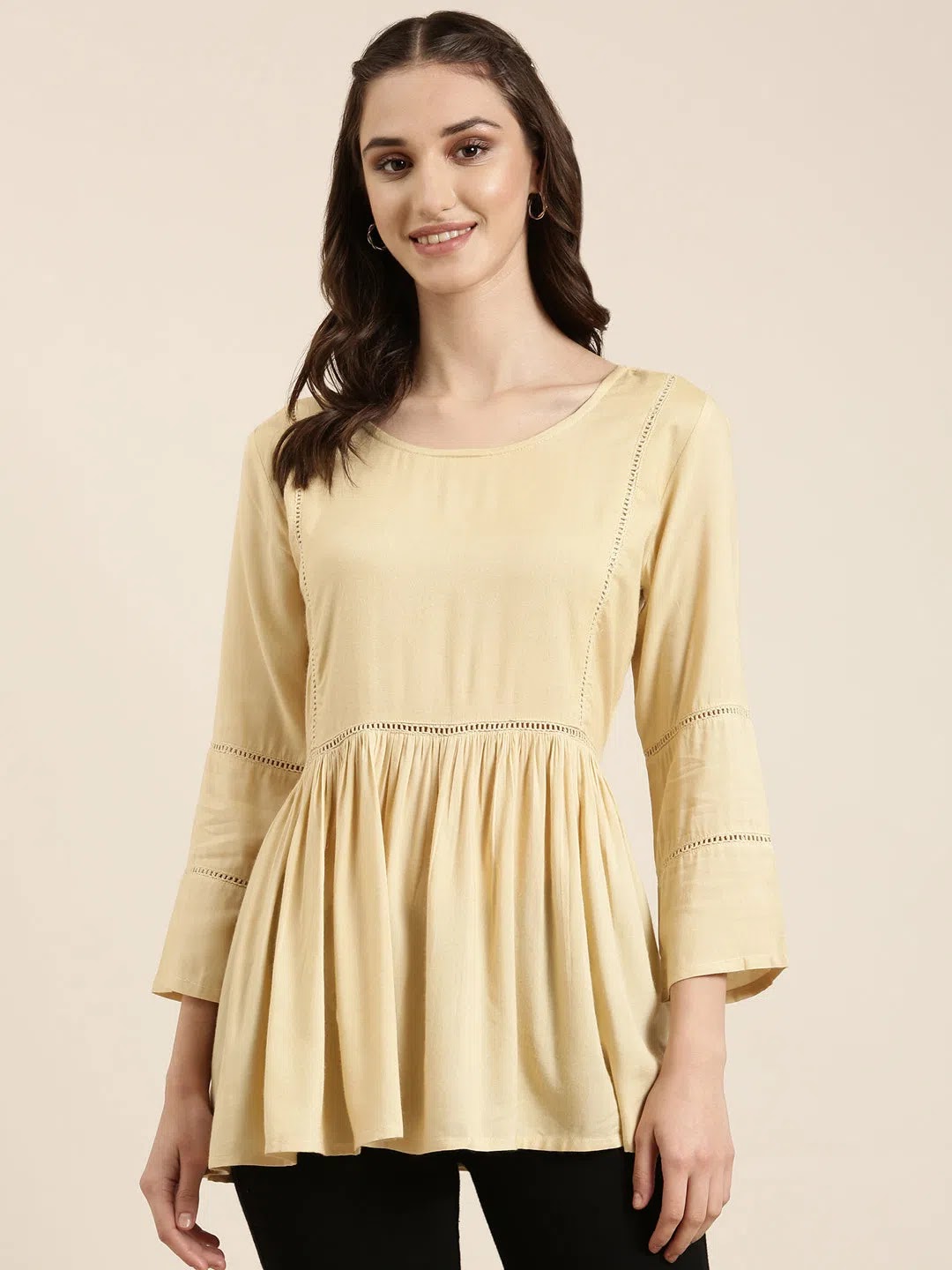 Cream Solid A-Line Kurti - Indian Kurta Ladies Tunic Top