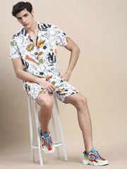 Men White Printed Casual Co ord Set-MARSHALL-1859-White