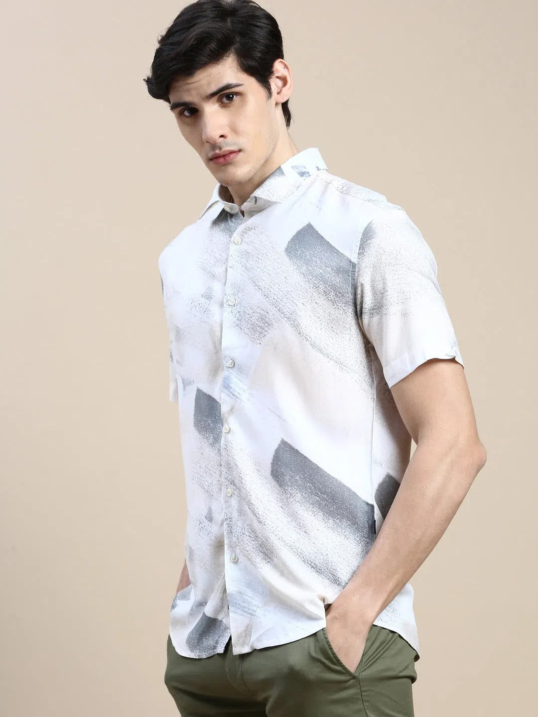 Cream Abstract Mens Shirt | Cotton Printed Shirt - DesiQlo
