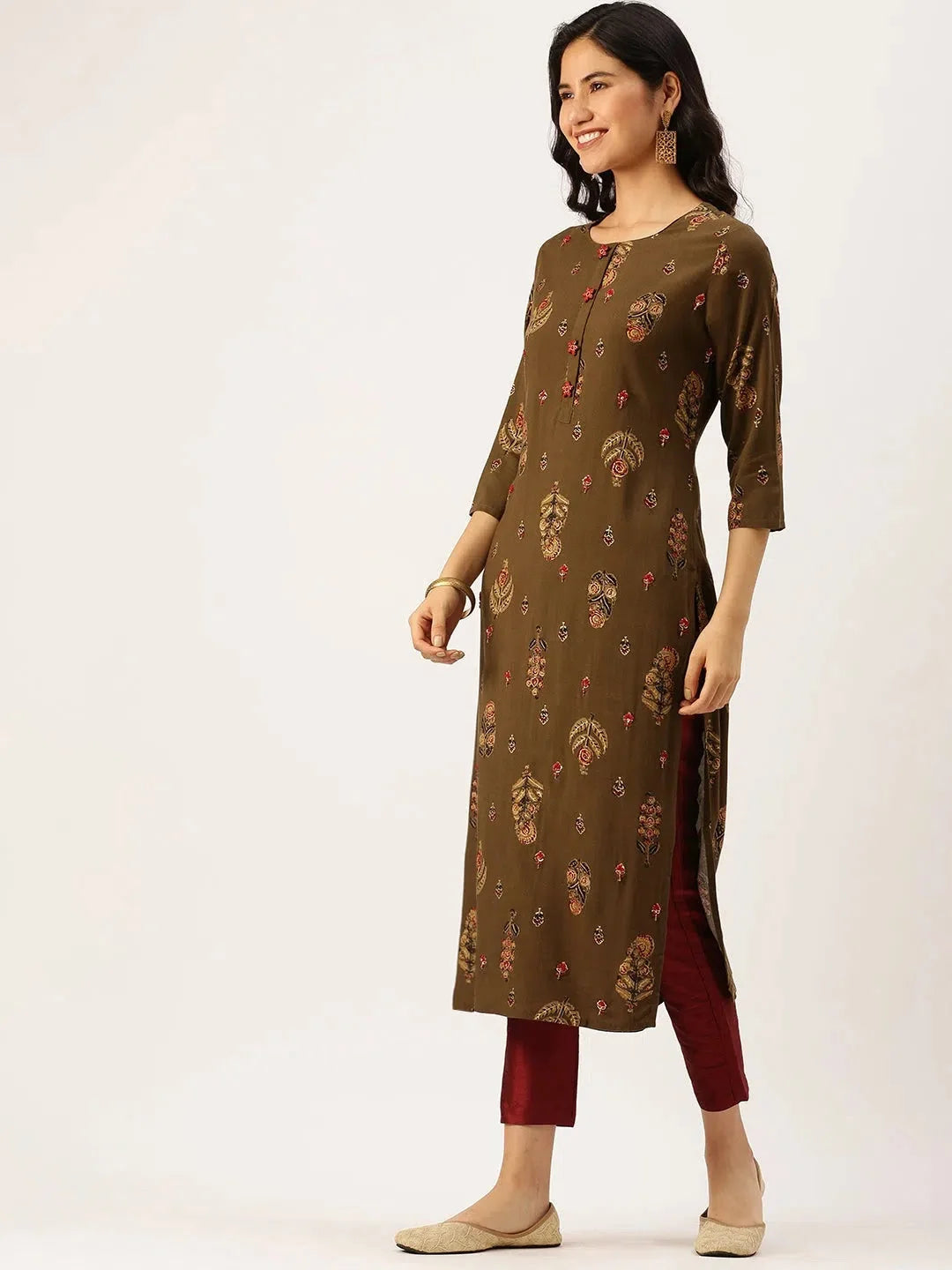 Olive Green Cotton Printed Indian Kurti for Ladies - DesiQlo