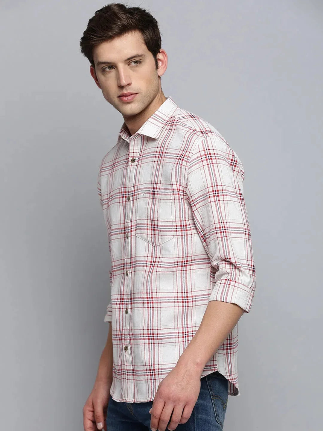 Beige Checked Mens Shirt - Cotton Casual Shirt by DesiQlo