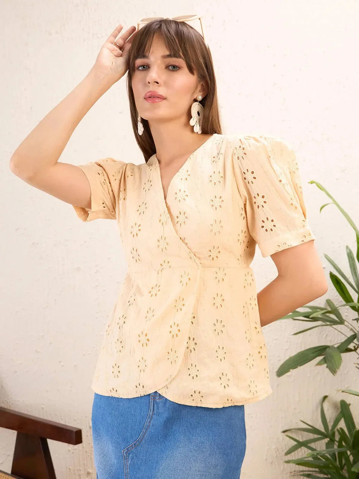 Beige Schiffli Wrap Peplum Top | Women's Western Outfits