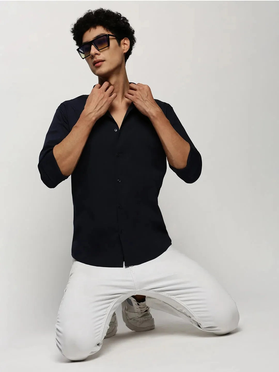 Men's Navy Solid Cotton Shirt | DesiQlo Formal Shirts
