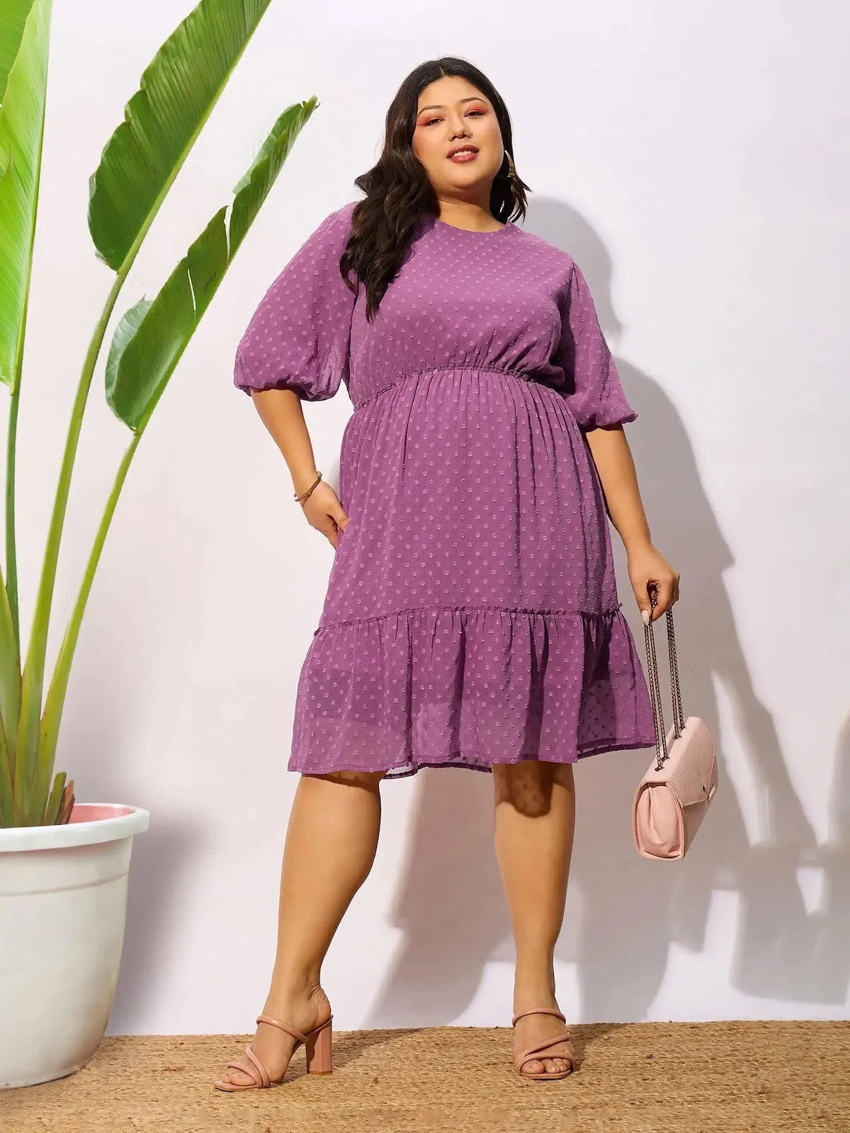 Purple Dobby Puff Sleeve Dress - Women's Western Wear