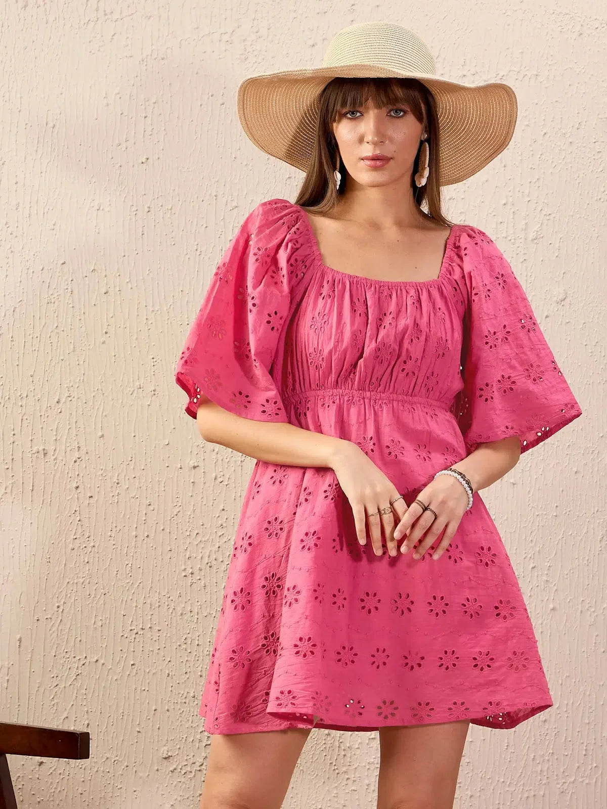 Pink Schiffli Skater Dress | Women's Back Tie Mini Dress