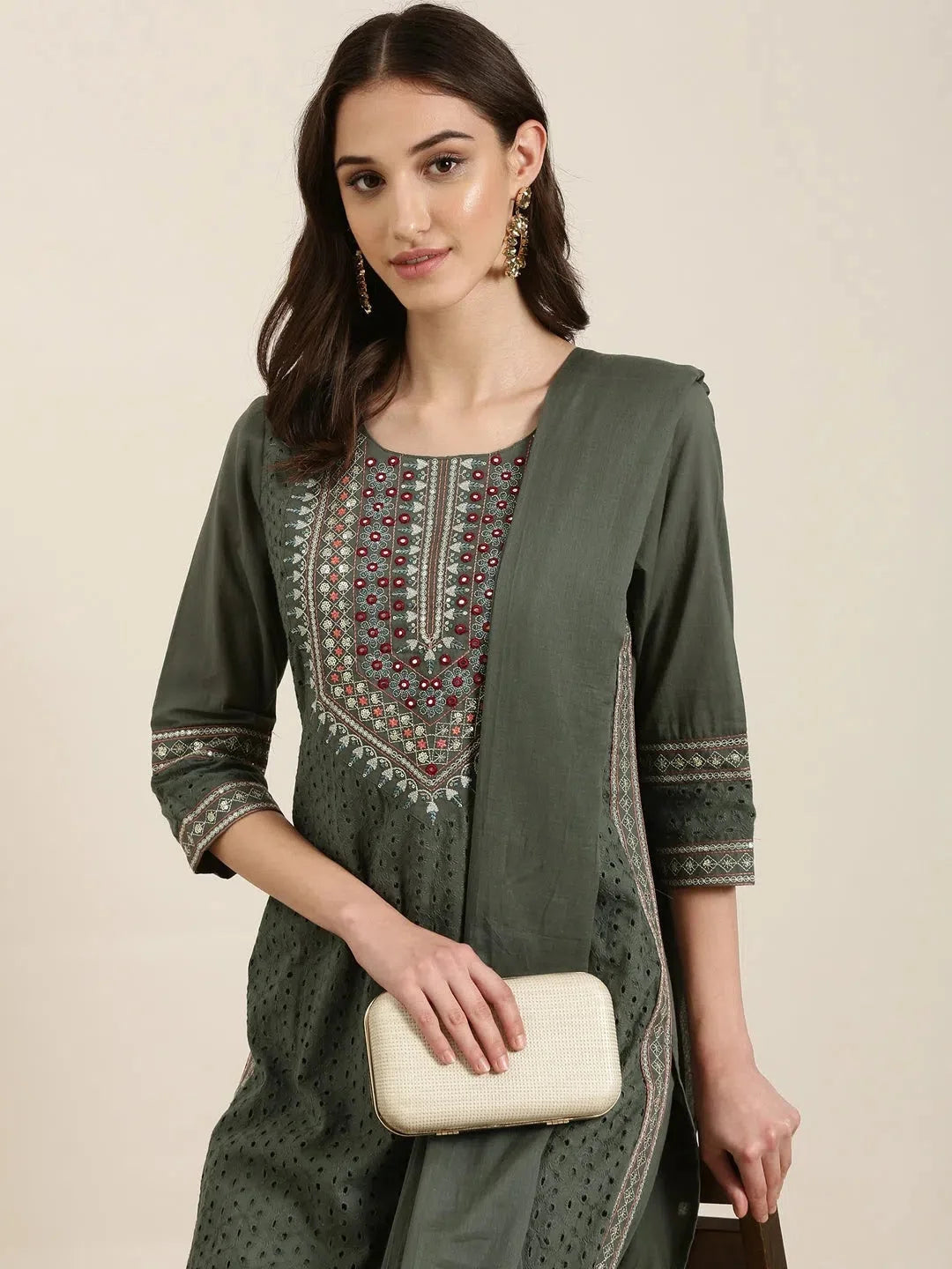 Olive Solid Cotton Kurta Sets | Women's Indian Kurta Sets