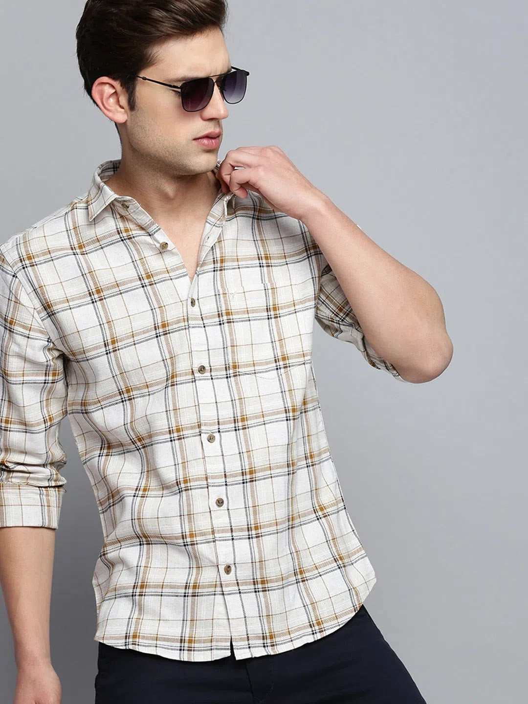 Beige Checked Mens Shirt - DesiQlo Cotton Casual Shirt