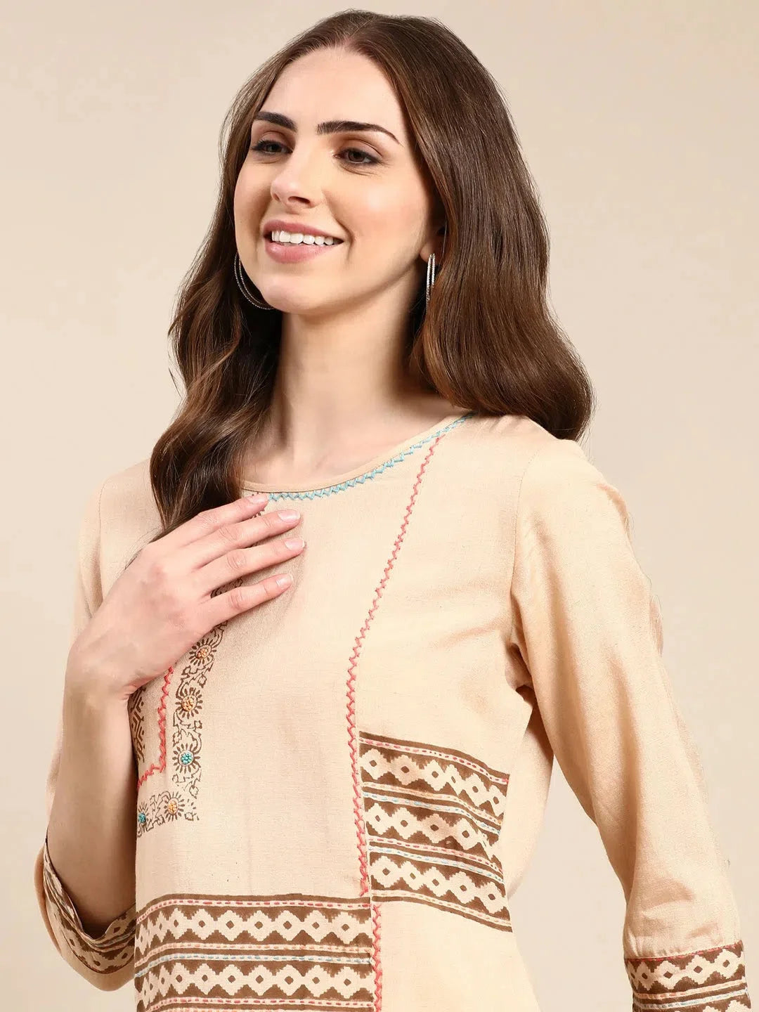 Beige Printed Cotton A-Line Kurta | Indian Kurta for Women