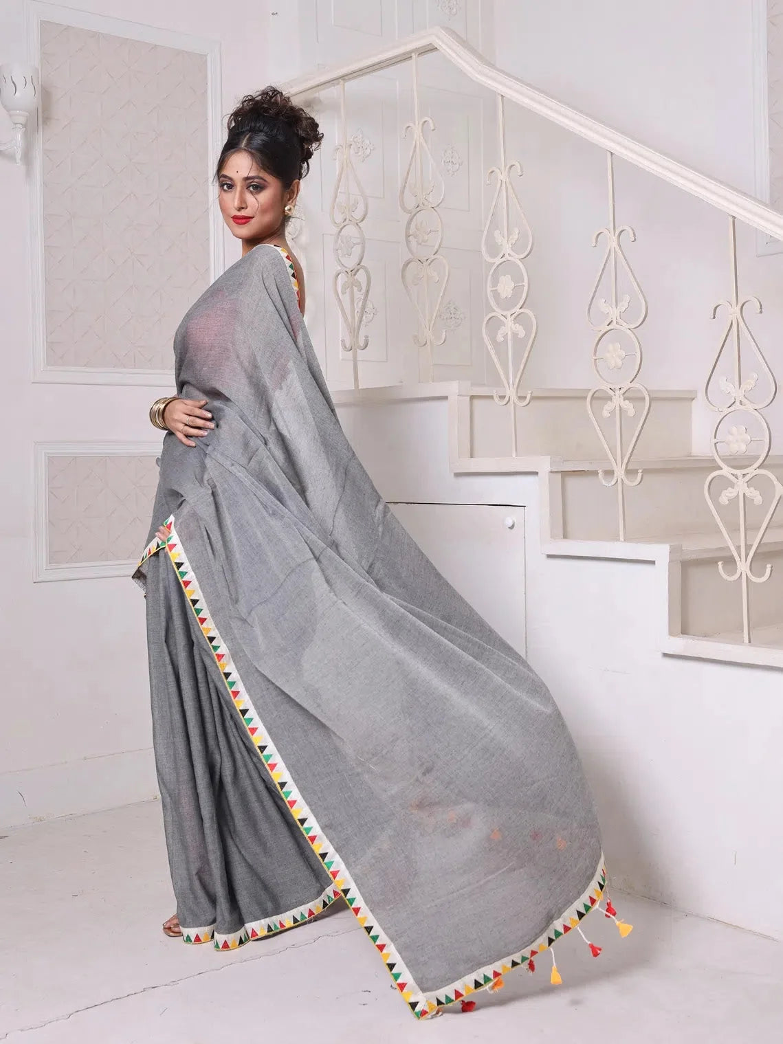 Grey Cotton Saree with Patch Border | Designer Sarees India