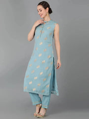 Women Blue Poly Chanderi Woven Design Straight Kurta Pant Set