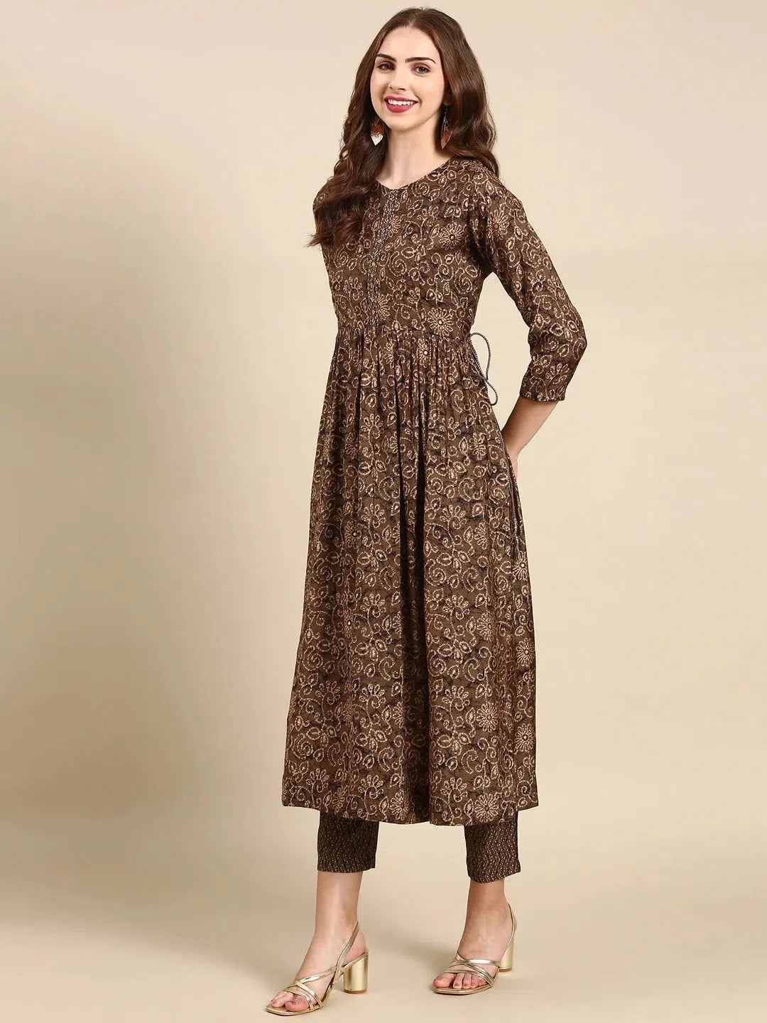 Taupe Printed Kurta Set | Women's Designer Kurta Sets
