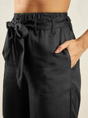 Women Black Notch Collar Shirt With Paperback Waist Pants