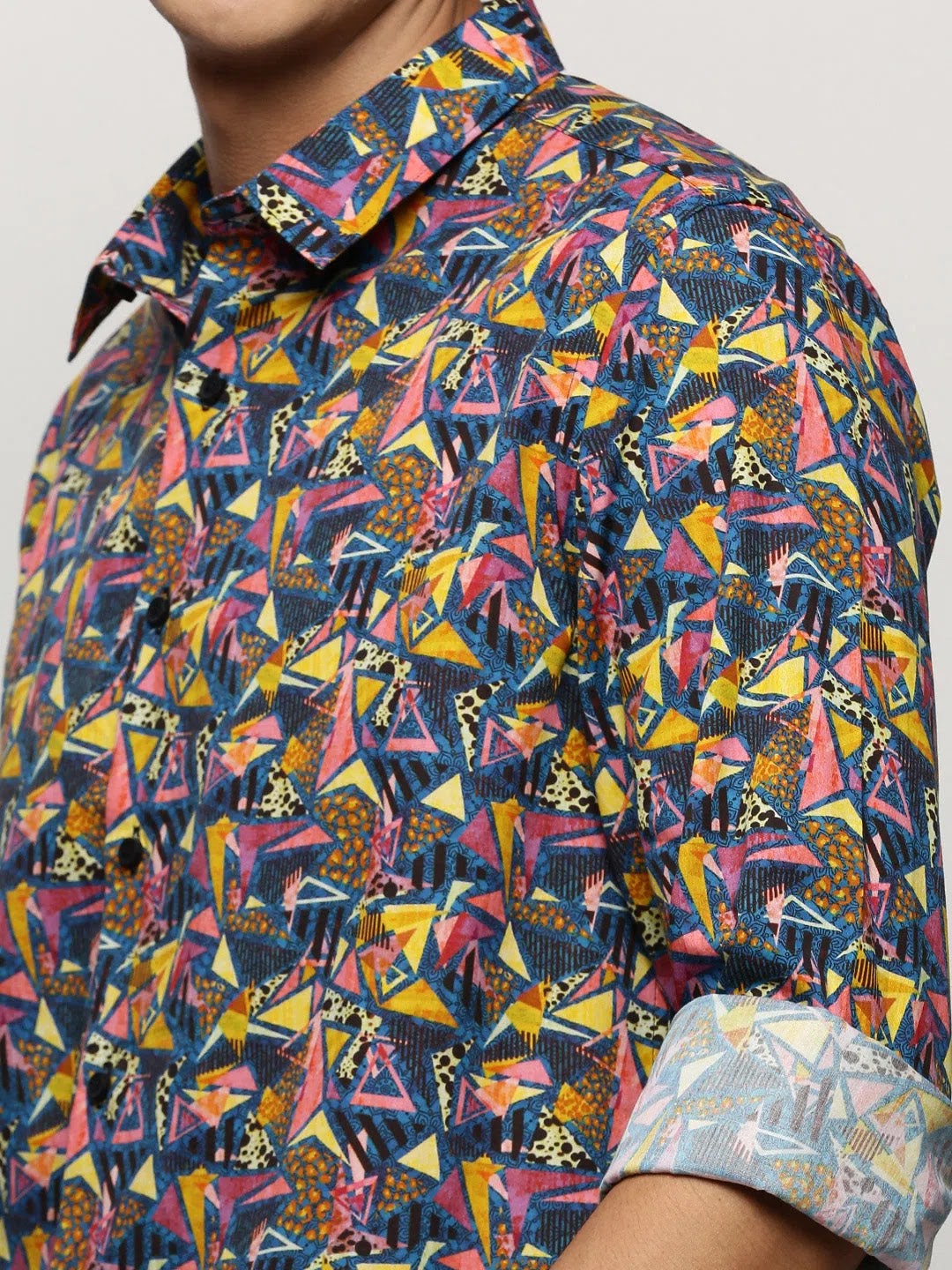 Navy Geometric Mens Shirt - Printed Cotton Shirt | DesiQlo