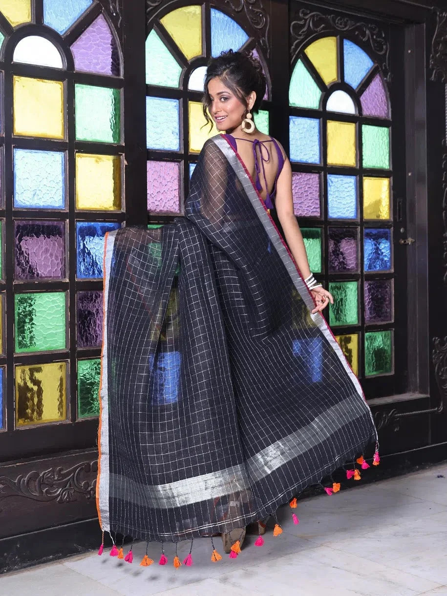 Black Check Linen Saree with Zari - Designer Sarees India
