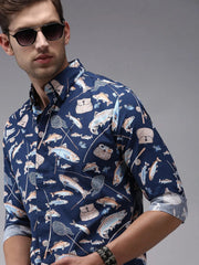 Men Blue Printed Casual Shirt-PERRYPRINT-1852-Navyblue