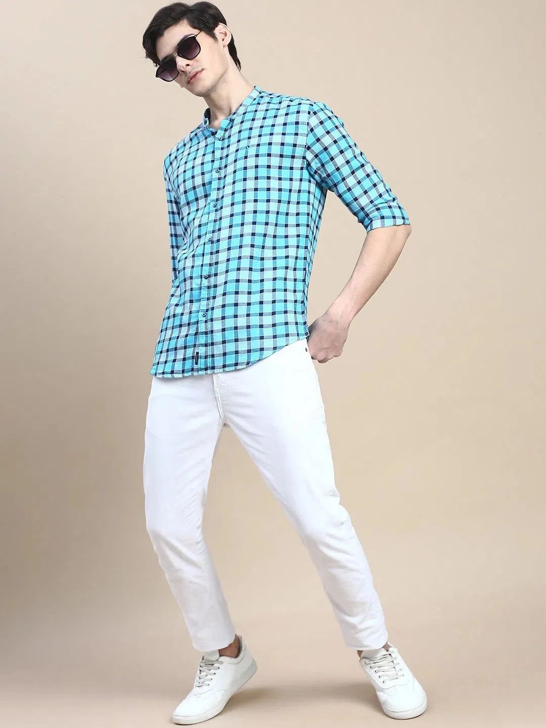 Vibrant Blue Checked Mens Shirt - DesiQlo Cotton Casual Shirt