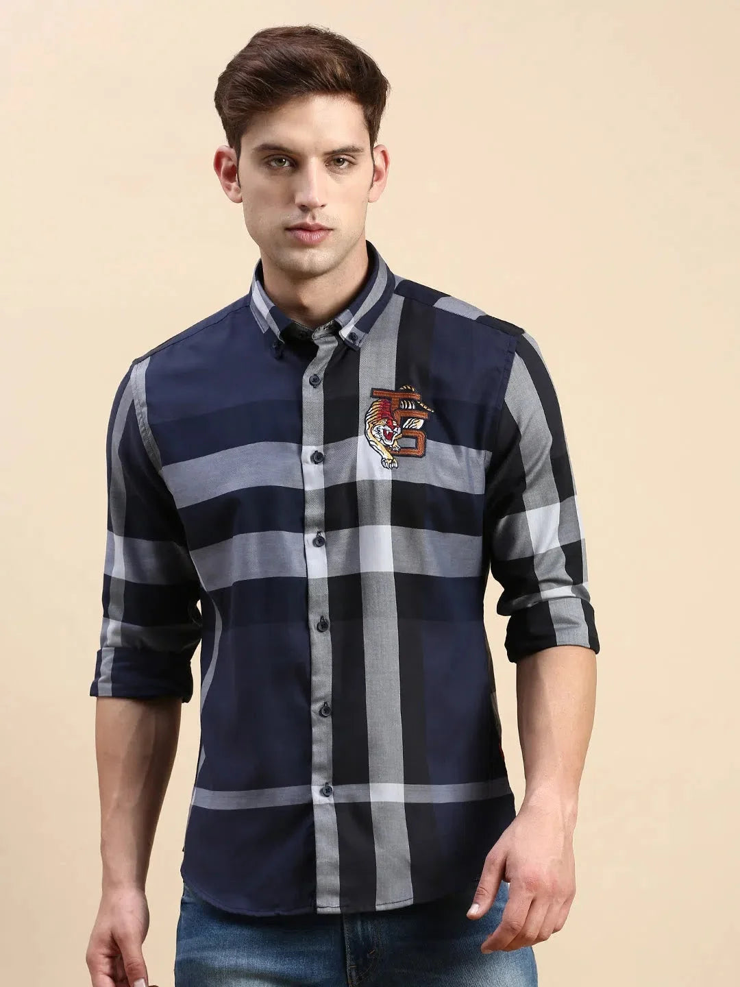Navy Checkered Mens Shirt - DesiQlo Cotton Casual Shirt