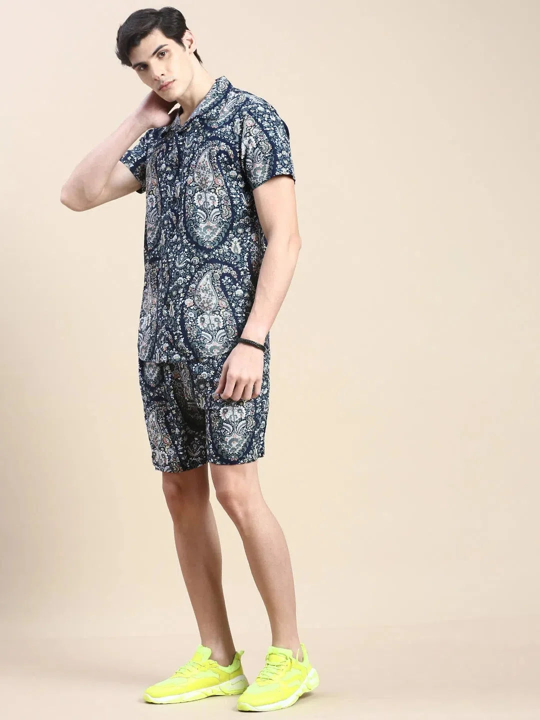 Men's Navy Printed Cotton Casual Co ord Set | Showoff