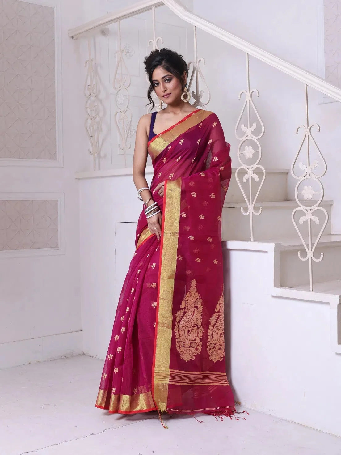 Purple Cotton Indian Sari with Zari Border