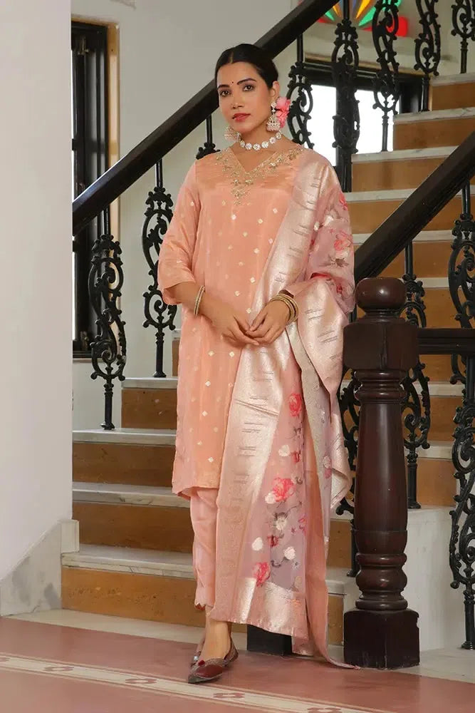 Peach Brocade Kurta Set - Women's Embroidered Indian Kurta Sets