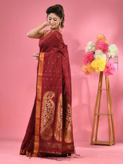 Maroon Cotton Blend Handwoven Saree With Zari Border-MA51BCT431270024