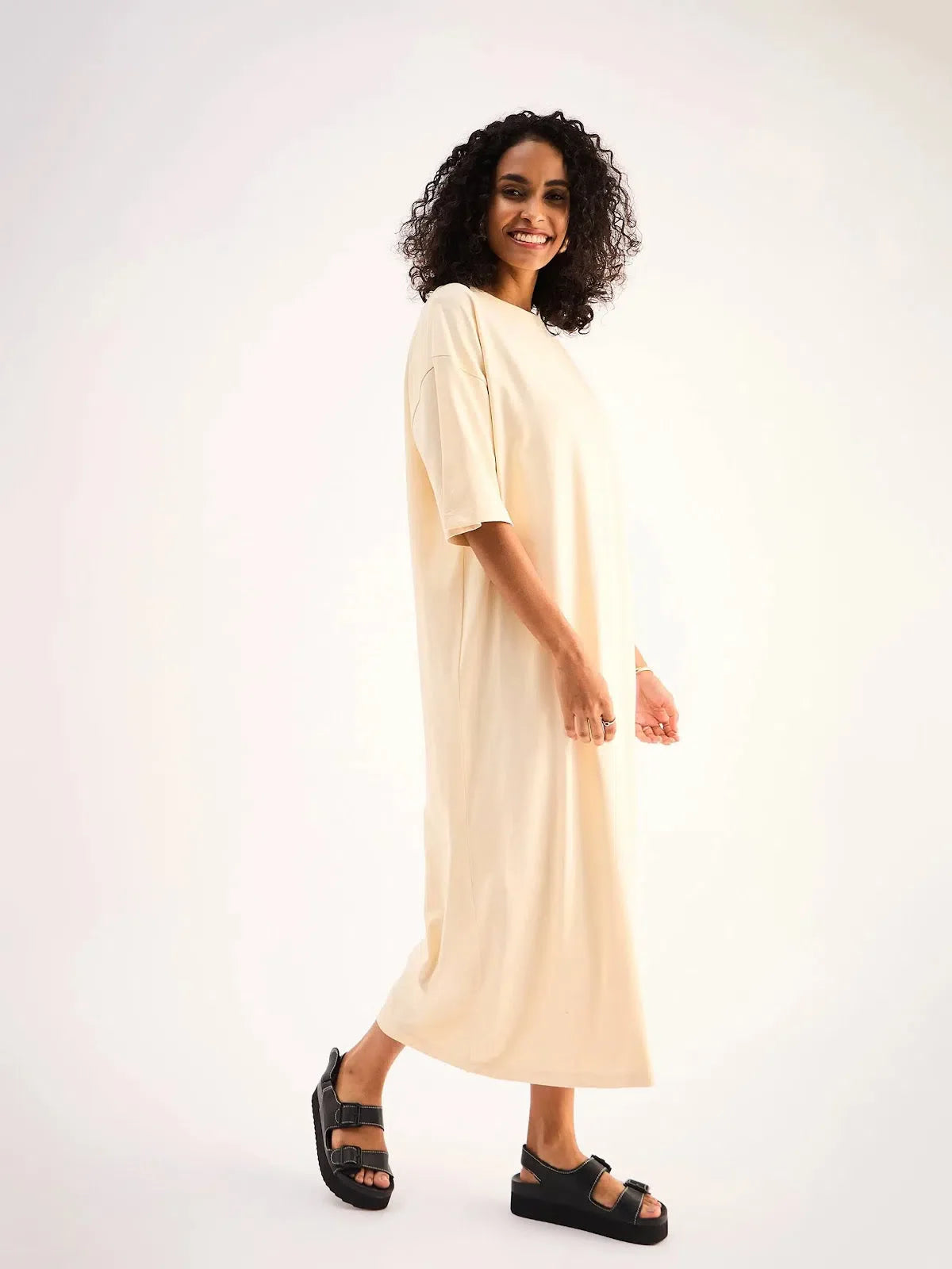 Beige Oversized T-Shirt Dress - Women's Cotton Midi Dress