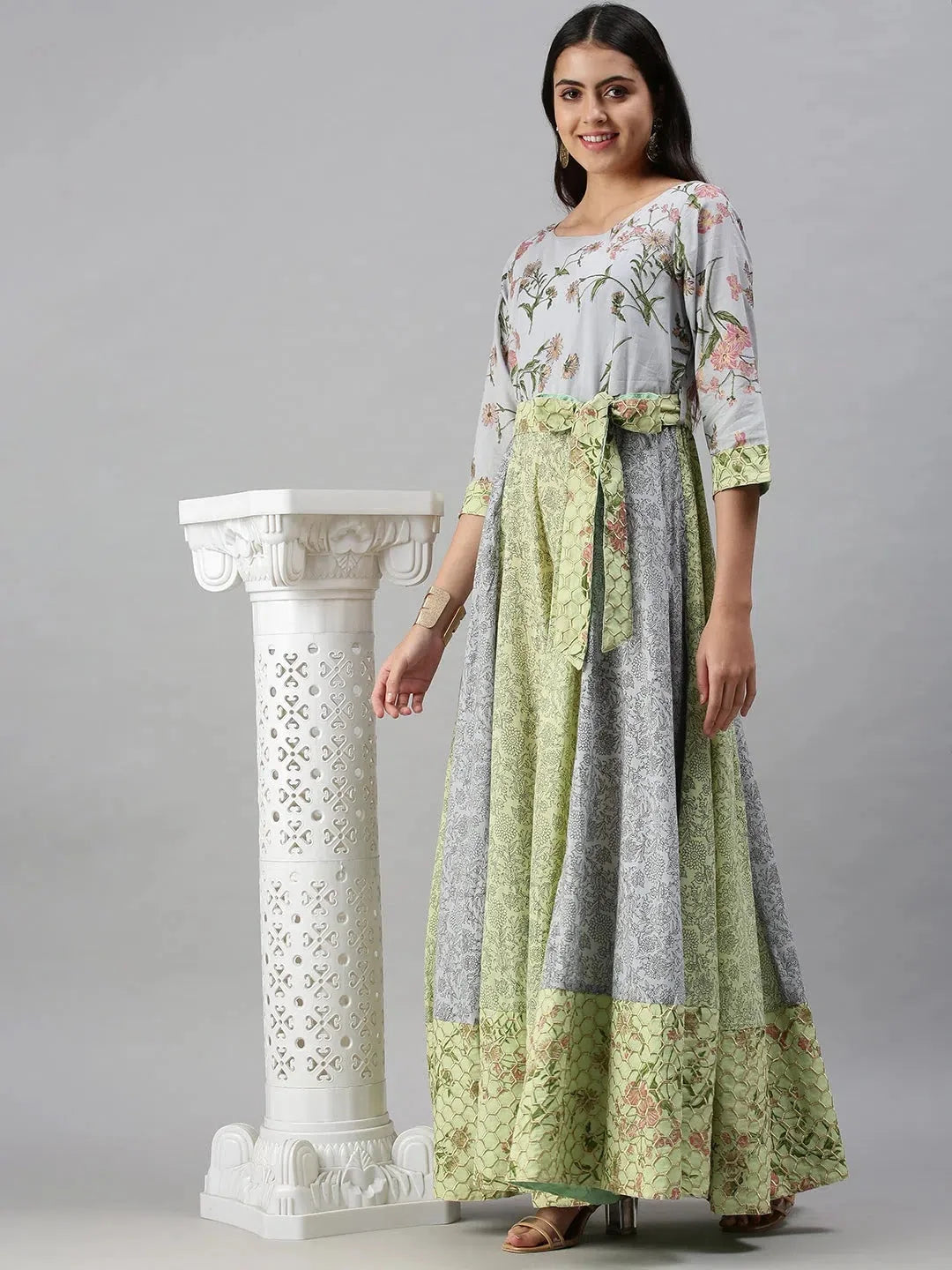 Blue & Green Printed Cotton Anarkali Kurta for Women