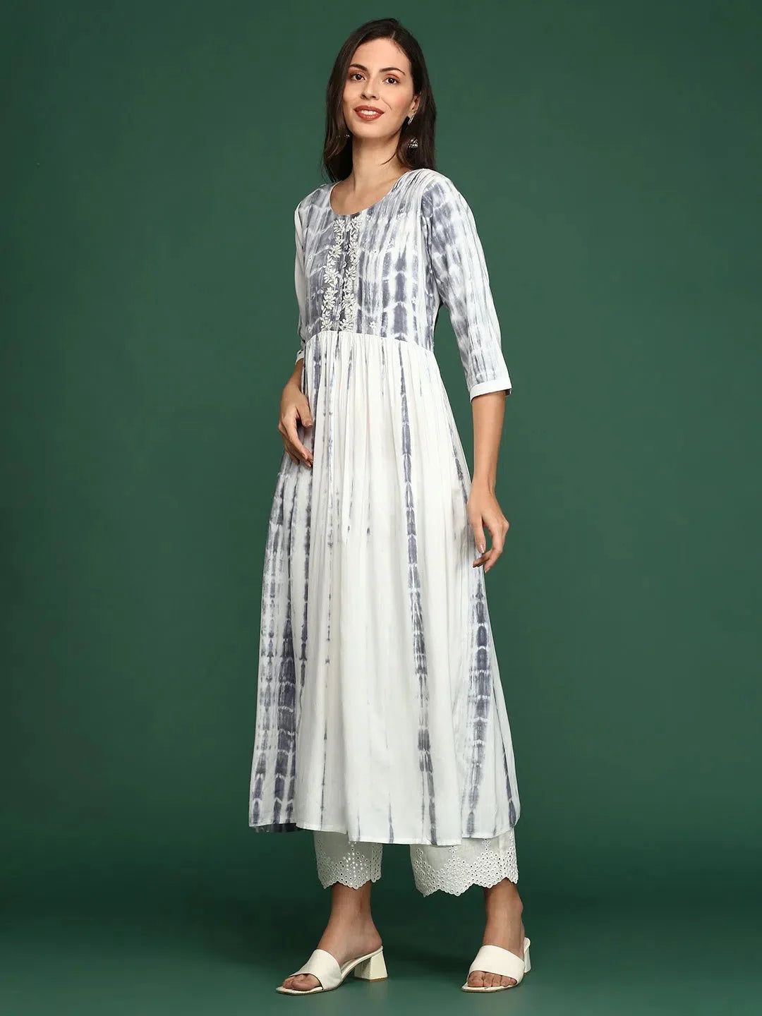 White Tie Dye Anarkali Kurta - Women's Cotton Anarkali Suit