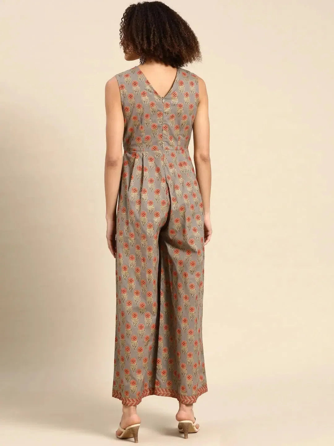 Grey Print Pleated Jumpsuit - Unique Women's Tops and Shirts