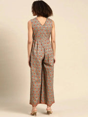 Overlap neck pleated jumpsuit in Grey Print