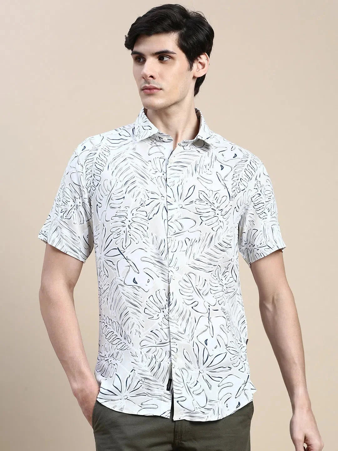 Cream Floral Printed Shirt for Men | Cotton Mens Shirt