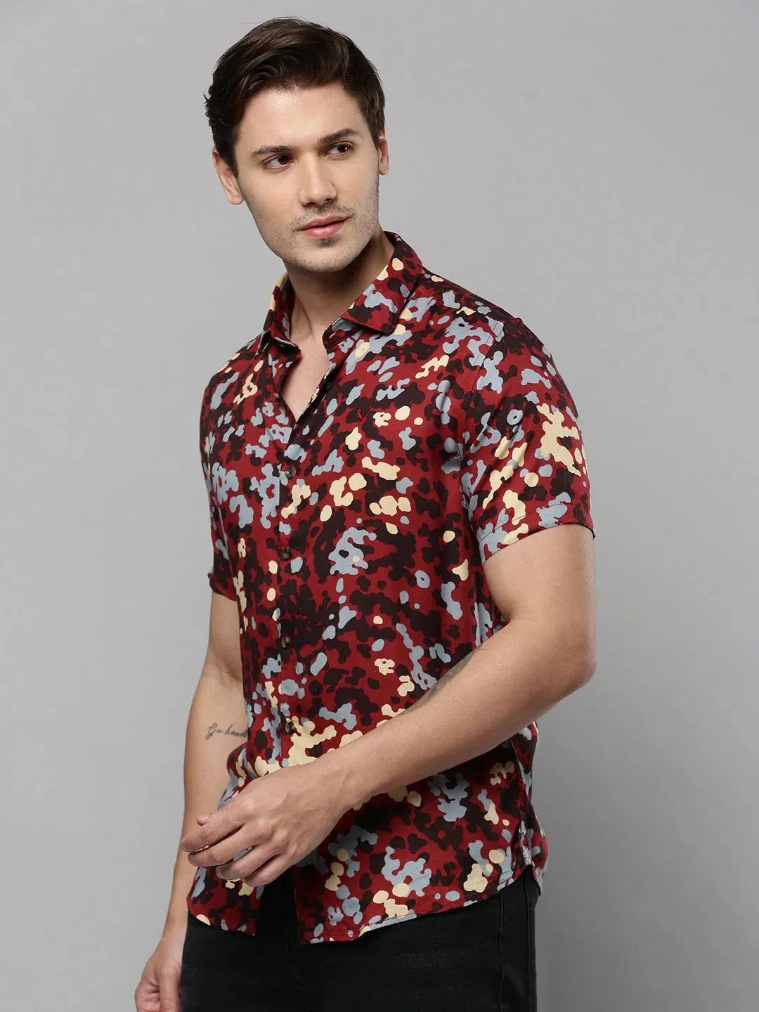 Maroon Printed Mens Shirt - Cotton Casual Shirt by DesiQlo