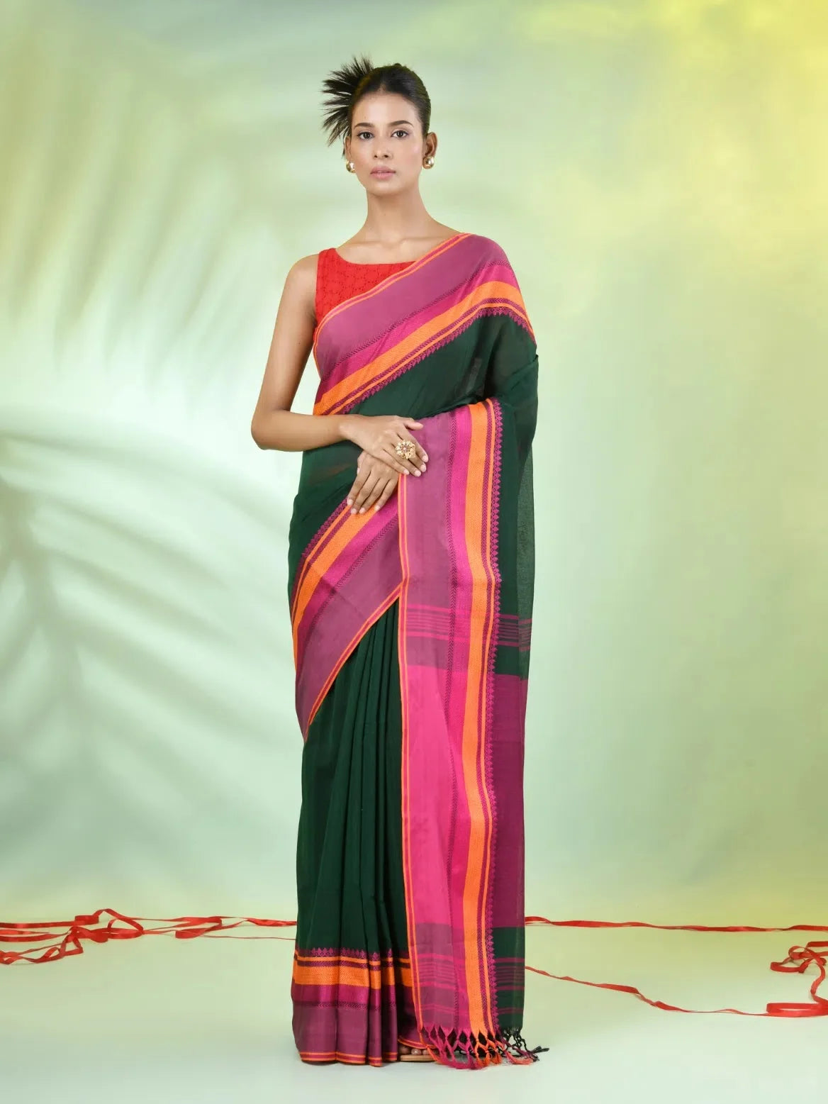 Green Cotton Indian Saree with Temple Border
