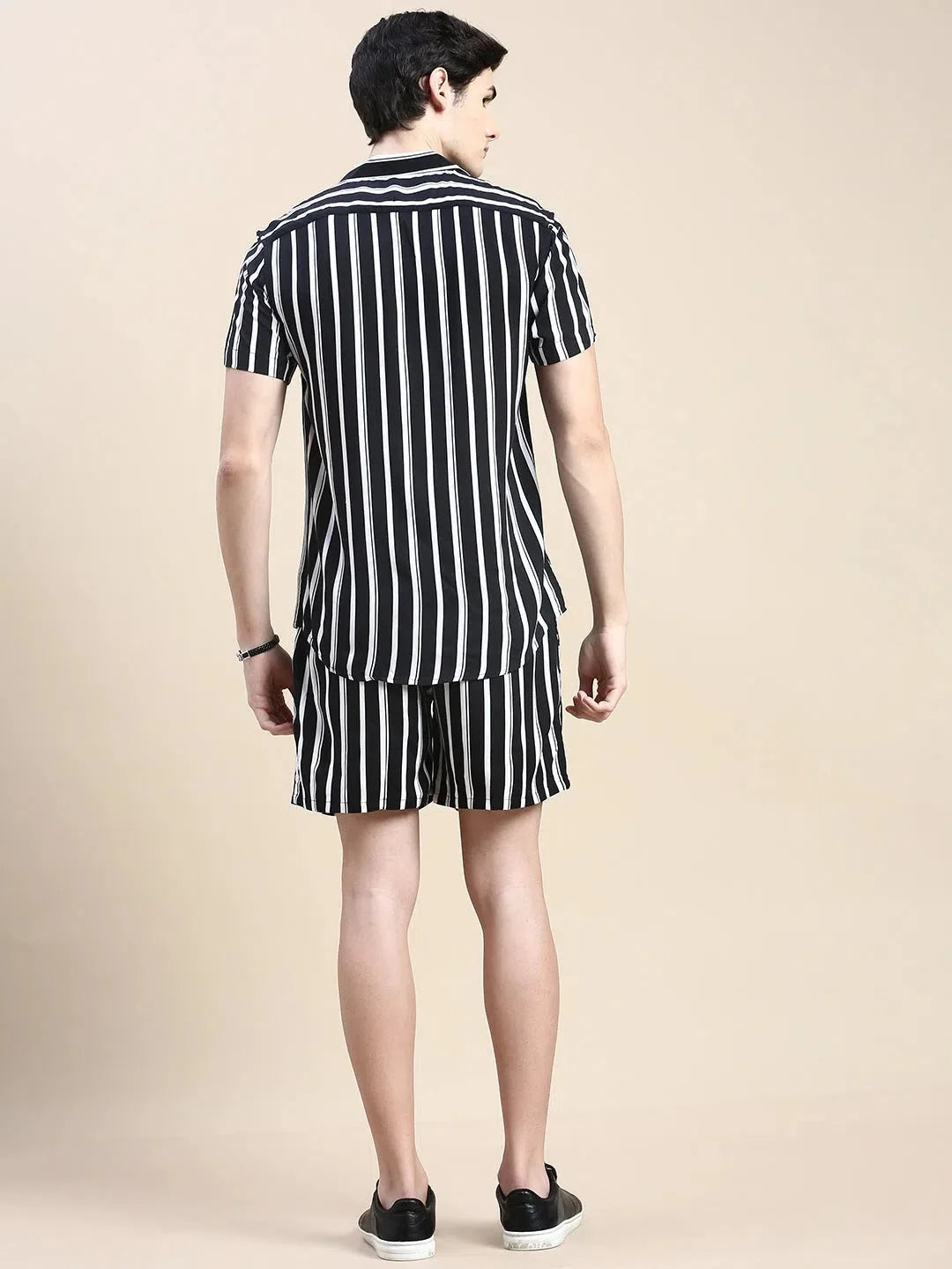 Men's Black Striped Cotton Casual Co ord Set | Showoff
