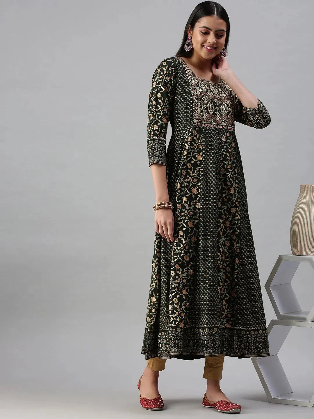 Green & Gold Printed Anarkali Kurta | Anarkali Gown for Women