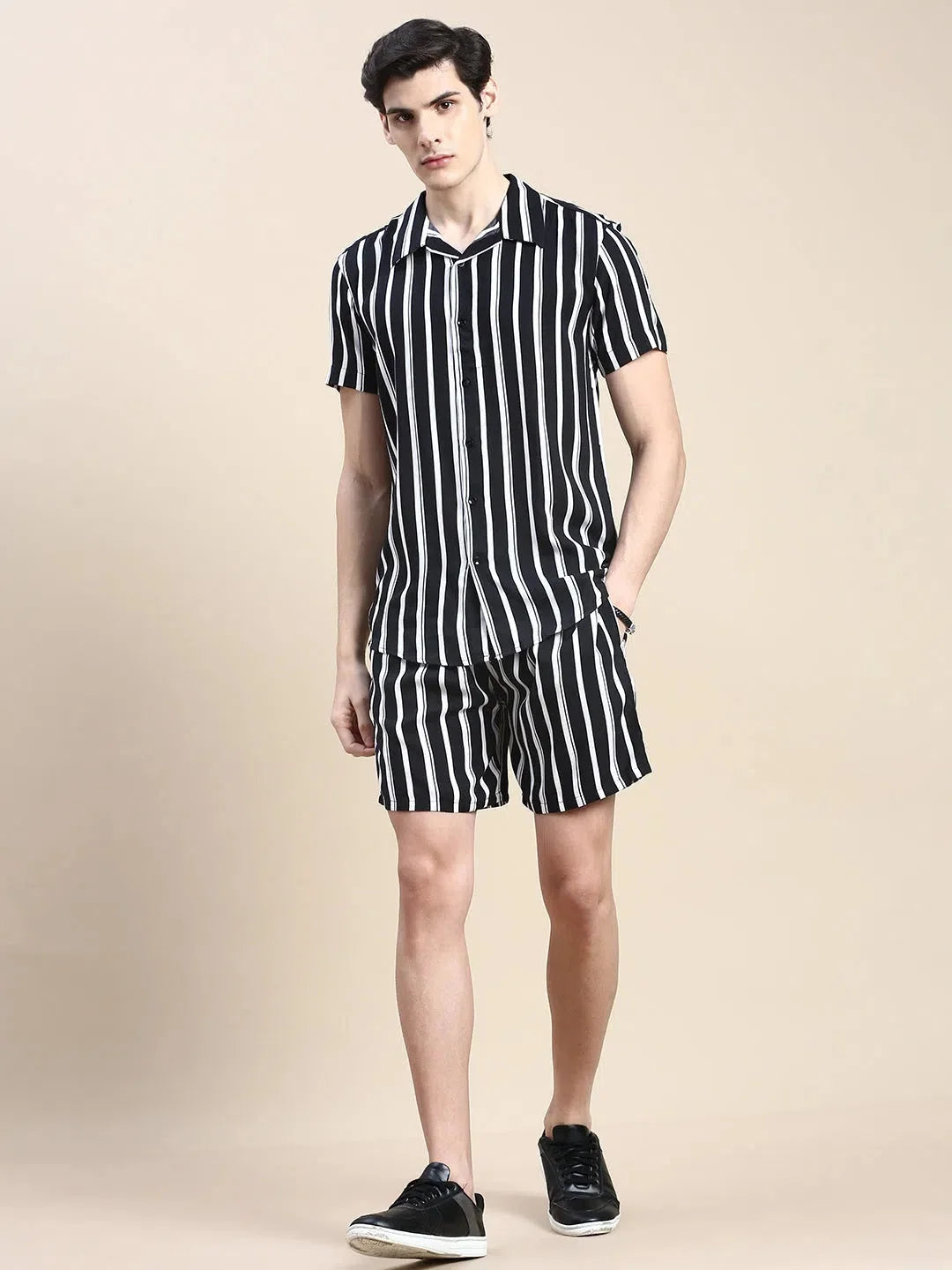 Men's Black Striped Cotton Casual Co ord Set | Showoff