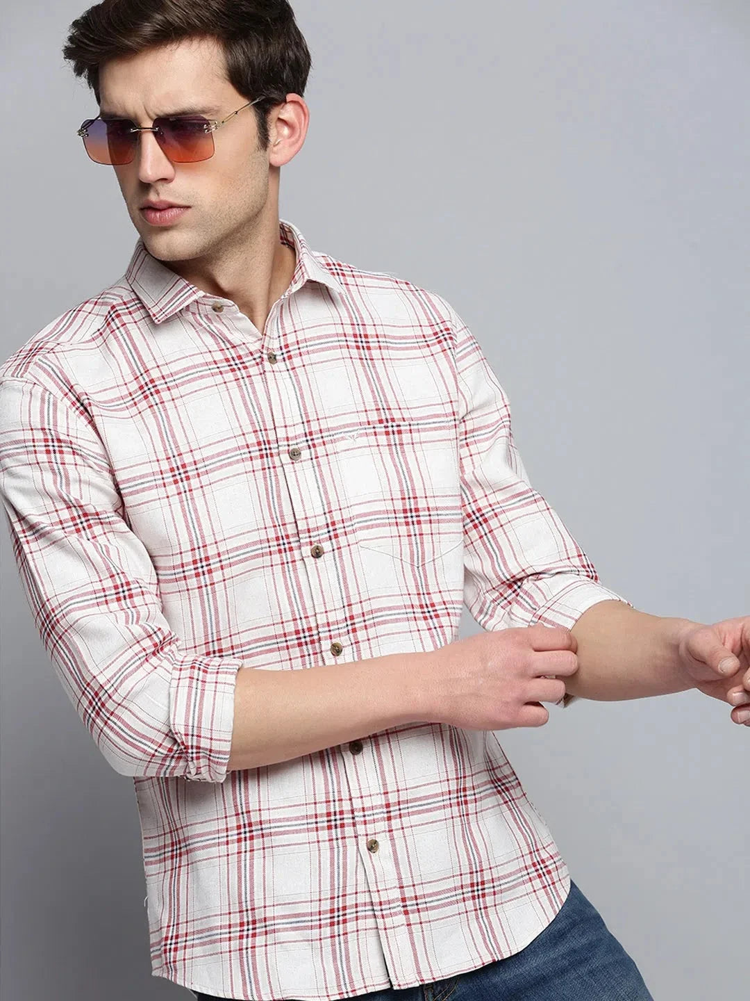 Men Beige Checked Casual Shirt-MARFACHECKS-4432-Beige