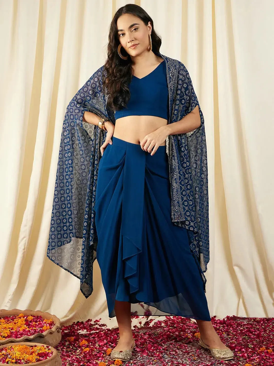 Blue Crop Top Draped Skirt & Cape | Party Wear Lehenga Choli
