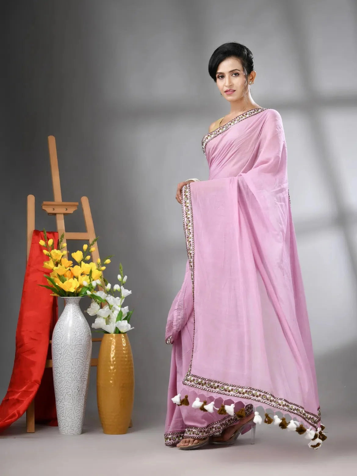 Lilac Cotton Saree with Embroidered Border | Indian Sarees