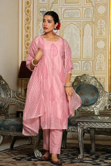 Women Pink Chanderi Block Printed Embroidered Kurta Set With Solid Pants & Dupatta-133-Vaas-Pink