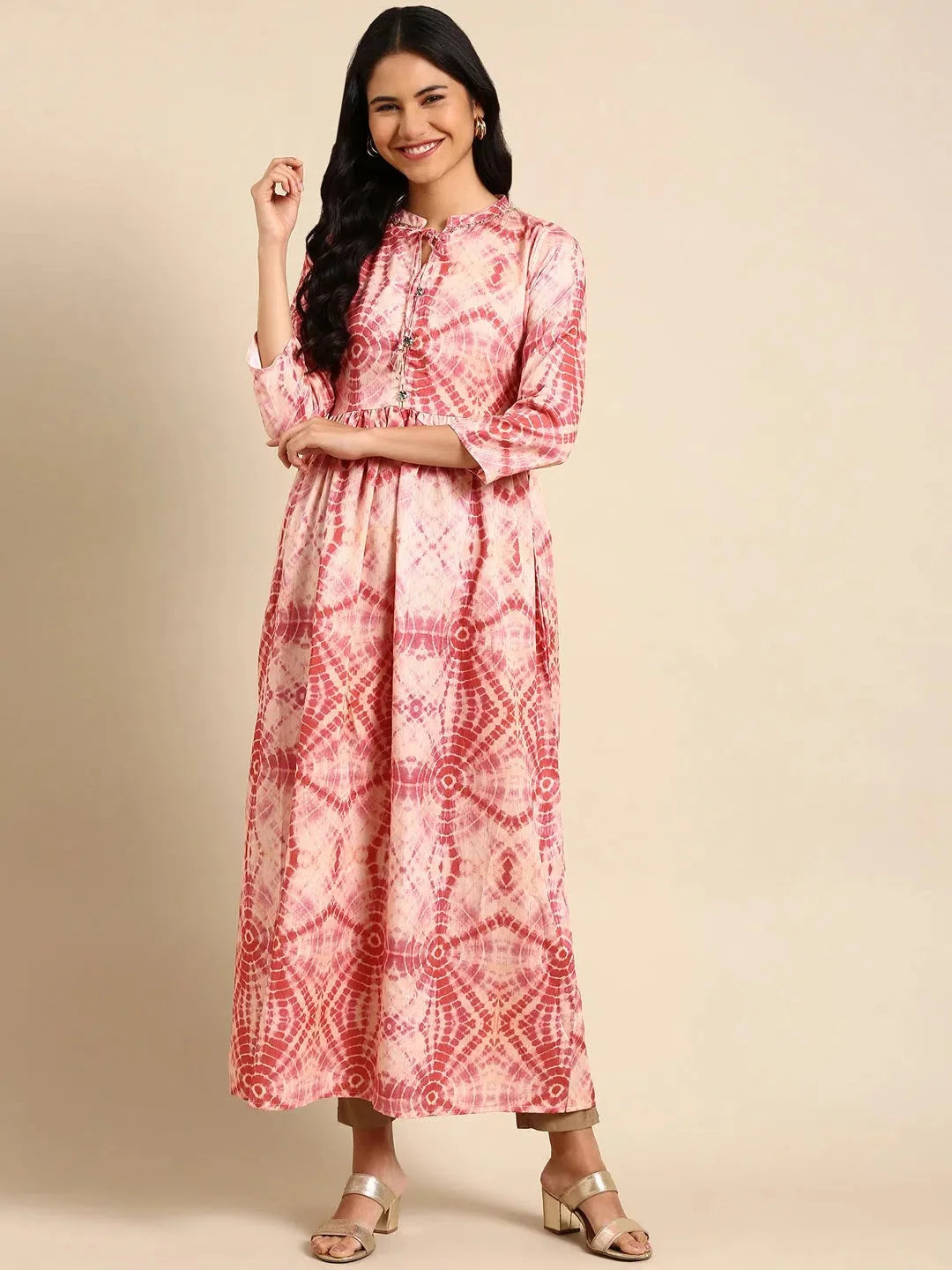 Beige Tie Dye Anarkali Kurti | Women's Polyester Anarkali Dress