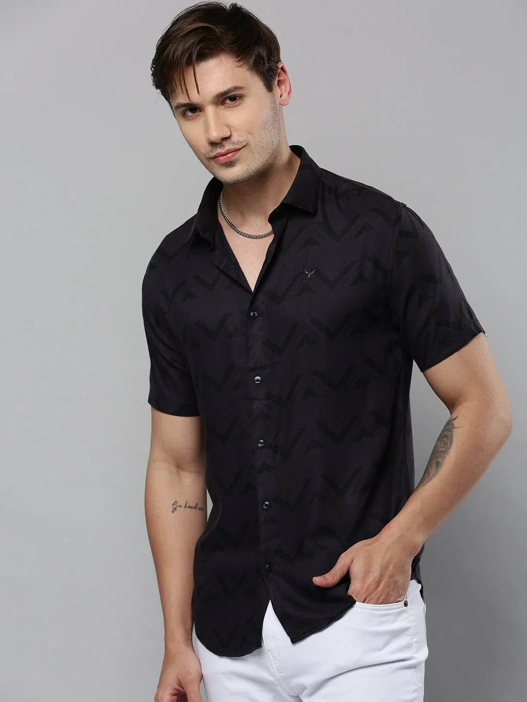 Grey Printed Cotton Shirt for Men | Casual Mens Shirt