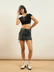 Women Green Washed Denim Front Pocket Mini Skirt